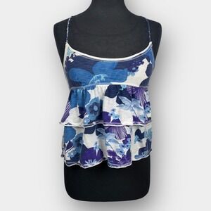 Aeropostale Women's Blue Purple Floral Ruffle Cami Top Small Spaghetti Strap